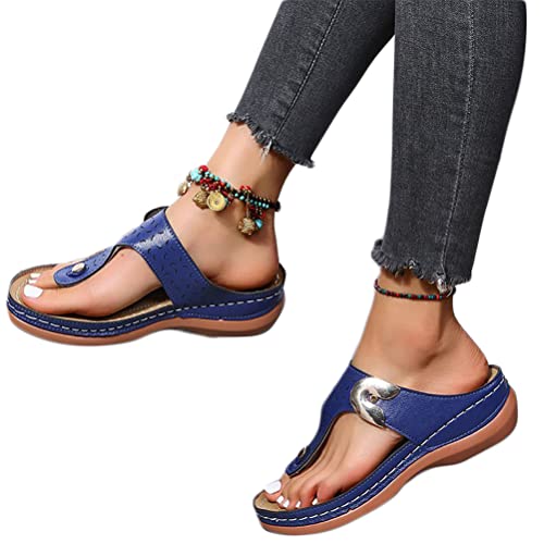 Onsoyours Damen Sandalen mit Keilabsatz Sommer Wedge Peep Toe Hausschuhe Aushöhlen Flip Flop Freizeit Keilsandalen Vintage Plateau Sandaletten B Blau 41 EU von Onsoyours