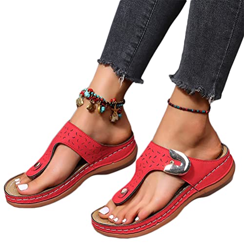 Onsoyours Damen Sandalen mit Keilabsatz Sommer Wedge Peep Toe Hausschuhe Aushöhlen Flip Flop Freizeit Keilsandalen Vintage Plateau Sandaletten B Rot 37 EU von Onsoyours