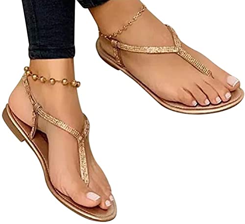 Onsoyours Damen Sandalen mit Riemchen Strass Sparkly Glitzer Zehentrenner Flache T-Riemen Pantoletten Bling Kristall B Gold 36 EU von Onsoyours