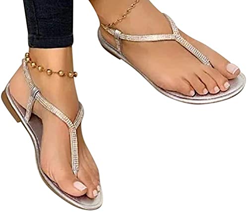 Onsoyours Damen Sandalen mit Riemchen Strass Sparkly Glitzer Zehentrenner Flache T-Riemen Pantoletten Bling Kristall B Silber 41 EU von Onsoyours