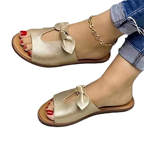 Onsoyours Damen Sandalen mit Schleife Flache Hausschuhe Sommer Flip Flops Slipper PU Strandsandalen Sommerschuhe Pantoletten Slides B Gold 35 EU von Onsoyours