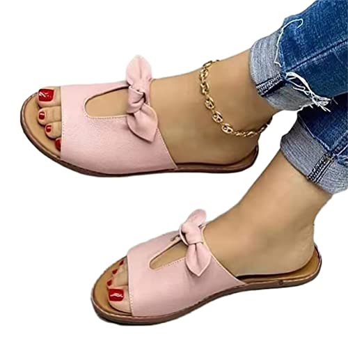 Onsoyours Damen Sandalen mit Schleife Flache Hausschuhe Sommer Flip Flops Slipper PU Strandsandalen Sommerschuhe Pantoletten Slides B Rosa 38 EU von Onsoyours