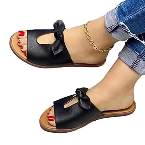 Onsoyours Damen Sandalen mit Schleife Flache Hausschuhe Sommer Flip Flops Slipper PU Strandsandalen Sommerschuhe Pantoletten Slides B Schwarz 40 EU von Onsoyours