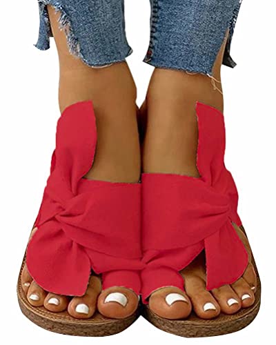 Onsoyours Damen Sandalen mit Schleife Zehentrenner Bequeme Flache Hausschuhe Sommer Flip Flops Slipper Strandsandalen Sommerschuhe Pantoletten Open Toe Slides A Rot 37 EU von Onsoyours