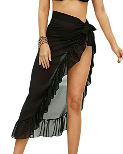 Onsoyours Damen Sarong Strandkleider Pareo Seitliche Schnürung Kurz Strandtuch Bikini Cover Up Blumendruck Strandrock B Schwarz Einheitsgröße von Onsoyours