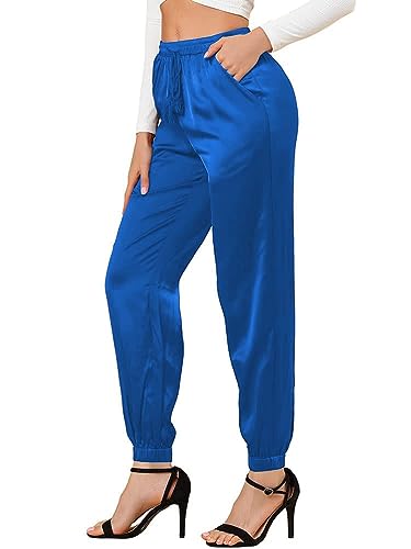 Onsoyours Damen Satin Jogginghose mit Gummizug Leicht Frühling Sommer Schnelltrocknend Freizeit Hosen Stretchbund Lang Sporthose Atmungsaktiv Trainingshose mit Taschen A Dunkelblau M von Onsoyours