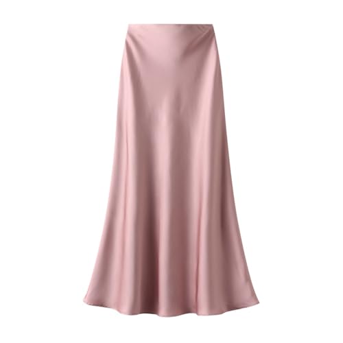 Onsoyours Damen Satin Rock Lang Hohe Taille Skirt Elegant Midirock Midi Business Rock mit Reißverschluss A Rosa M von Onsoyours