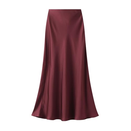 Onsoyours Damen Satin Rock Lang Hohe Taille Skirt Elegant Midirock Midi Business Rock mit Reißverschluss A Rot L von Onsoyours