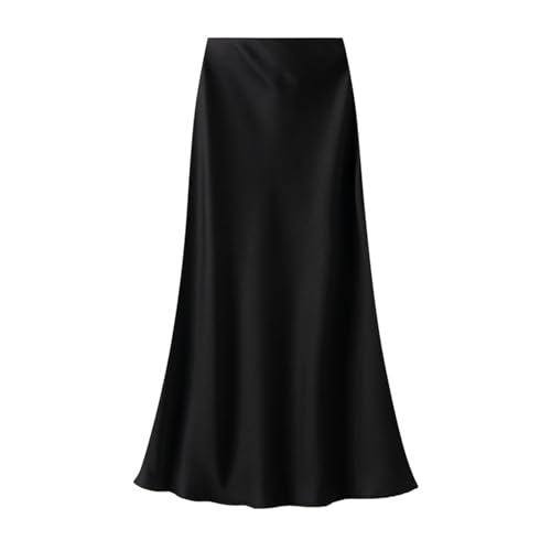 Onsoyours Damen Satin Rock Lang Hohe Taille Skirt Elegant Midirock Midi Business Rock mit Reißverschluss A Schwarz L von Onsoyours