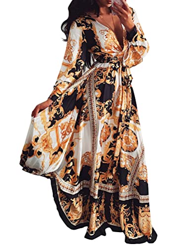 Onsoyours Damen Schaukelkleid Maxikleid Langarm Blumen Bedruckt Herbst Frühling V-Ausschnitt Elegant A Braun XL von Onsoyours