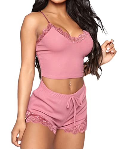 Onsoyours Damen Schlafanzug Kurz Satin Sexy Pyjamas Set Ärmellos Shorty Sommer Nachtwäsche Sleepwear Hausanzug Loungewear Schlafshirts Kurze Schlafanzughose B Rosa L von Onsoyours