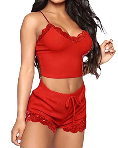 Onsoyours Damen Schlafanzug Kurz Satin Sexy Pyjamas Set Ärmellos Shorty Sommer Nachtwäsche Sleepwear Hausanzug Loungewear Schlafshirts Kurze Schlafanzughose B Rot 3XL von Onsoyours