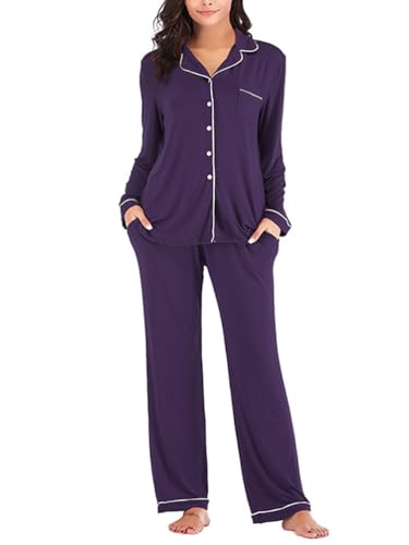 Onsoyours Damen Schlafanzug Lang Schlafanzug Damen Langarm Pyjama Set Zweiteiler Loungewear Pyjama Set V-Ausschnitt Nachtwäsche Schlafshirt A Violett XS von Onsoyours