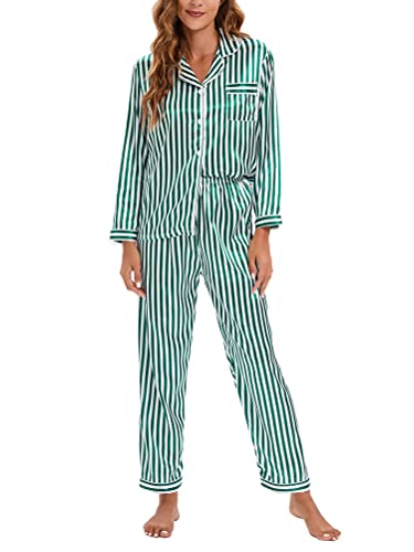 Onsoyours Damen Schlafanzug Lang Zweiteiliger Pyjama mit Knopfleiste Schlafanzüge Langarm Verschluss Weich Nachtwäsche Lounge Pyjamas Set B Grün L von Onsoyours