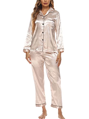 Onsoyours Damen Schlafanzug Lang Zweiteiliger Pyjama mit Knopfleiste Schlafanzüge Langarm Verschluss Weich Nachtwäsche Lounge Pyjamas Set C Aprikose L von Onsoyours