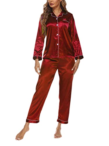 Onsoyours Damen Schlafanzug Lang Zweiteiliger Pyjama mit Knopfleiste Schlafanzüge Langarm Verschluss Weich Nachtwäsche Lounge Pyjamas Set C Rot S von Onsoyours