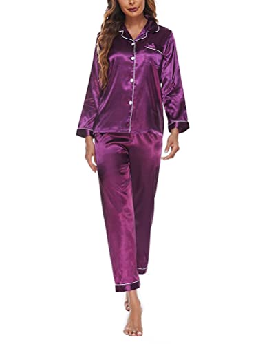 Onsoyours Damen Schlafanzug Lang Zweiteiliger Pyjama mit Knopfleiste Schlafanzüge Langarm Verschluss Weich Nachtwäsche Lounge Pyjamas Set C Violett M von Onsoyours