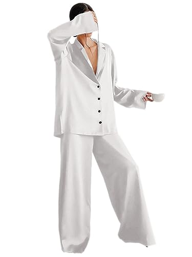 Onsoyours Damen Schlafanzug Lang Zweiteiliger Pyjama mit Knopfleiste Schlafanzüge Langarm Verschluss Weich Nachtwäsche Lounge Pyjamas Set E Weiß XL von Onsoyours
