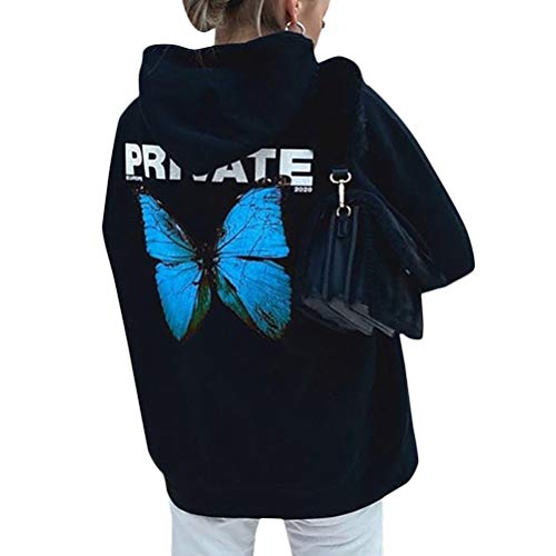 Onsoyours Damen Schmetterling Pulli Sweatshirts Hoodie Sport Langarm Kapuzenpullover Mode Bequem Casual Pulli Mit Kordel Und Taschen (B Blau, l) von Onsoyours