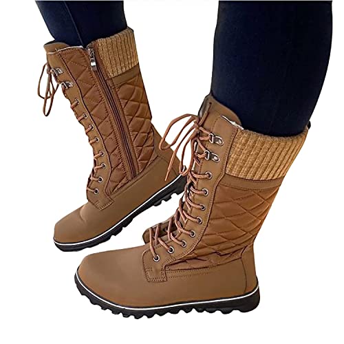 Onsoyours Damen Schneestiefel Warm gefütterte Winterstiefel Flacher Absatz Seitlicher Reißverschluss Rundkopf Halblange Stiefel Frauen Wasserdicht Wollstiefel Schneeboots A Khaki 38 EU von Onsoyours