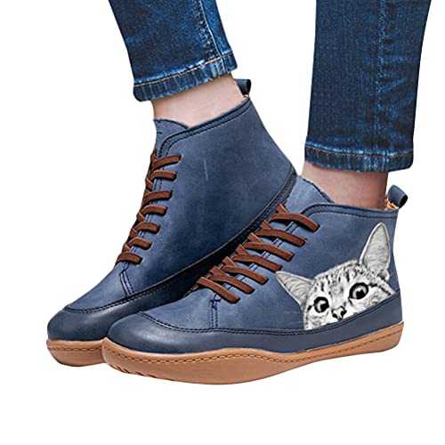 Onsoyours Damen Schnürstiefeletten Katzendruck Ankle Boots Stiefeletten Flache Schnürsenkel Wanderschuhe Kurzschaft Stiefel Schuhe A Blau 37 EU von Onsoyours