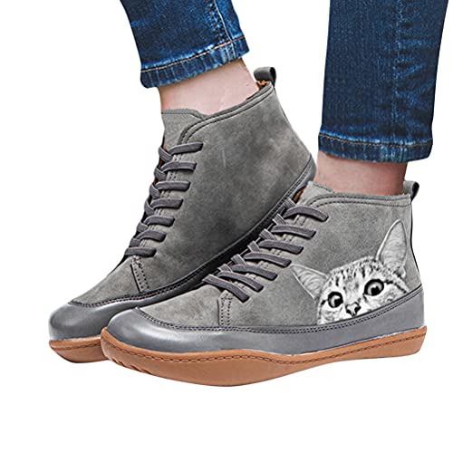 Onsoyours Damen Schnürstiefeletten Katzendruck Ankle Boots Stiefeletten Flache Schnürsenkel Wanderschuhe Kurzschaft Stiefel Schuhe A Grau 40 EU von Onsoyours