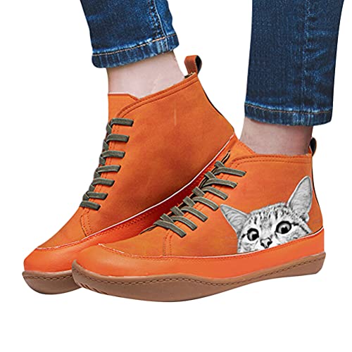 Onsoyours Damen Schnürstiefeletten Katzendruck Ankle Boots Stiefeletten Flache Schnürsenkel Wanderschuhe Kurzschaft Stiefel Schuhe A Orange 38 EU von Onsoyours