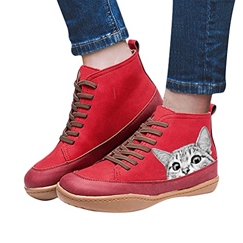 Onsoyours Damen Schnürstiefeletten Katzendruck Ankle Boots Stiefeletten Flache Schnürsenkel Wanderschuhe Kurzschaft Stiefel Schuhe A Rot 40 EU von Onsoyours