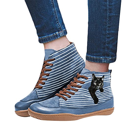 Onsoyours Damen Schnürstiefeletten Katzendruck Ankle Boots Stiefeletten Flache Schnürsenkel Wanderschuhe Kurzschaft Stiefel Schuhe Blau 39 EU von Onsoyours