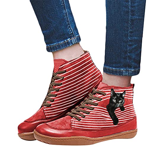 Onsoyours Damen Schnürstiefeletten Katzendruck Ankle Boots Stiefeletten Flache Schnürsenkel Wanderschuhe Kurzschaft Stiefel Schuhe Rot 43 EU von Onsoyours