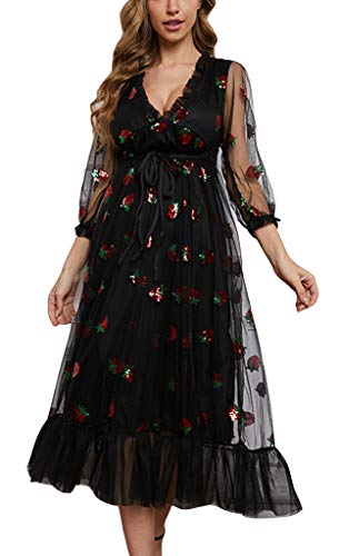 Onsoyours Damen Sexy Erdbeere Sweet Mesh Mode Kleid Casual Pailletten V-Ausschnitt Pleated Elegante Maxi-Rock Kurzarm Cocktailkleid Partykleid Ballkleid D Schwarz L von Onsoyours