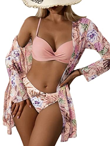 Onsoyours Damen Sexy Gepolstert Push Up Bauchweg Rückenfrei Bikini Set Badeanzug Dreiteiliger Anzug B4 Rosa L von Onsoyours