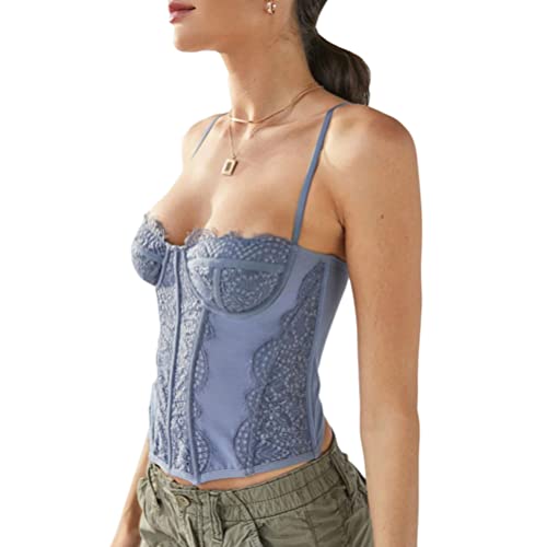 Onsoyours Damen Sexy Mesh Corset Crop Tops Bustier Spaghetti Lace Up Ärmellos Backless Cami Top Y2K Frauen Korsett Top Party Streetwear Clubwear C Blau L von Onsoyours