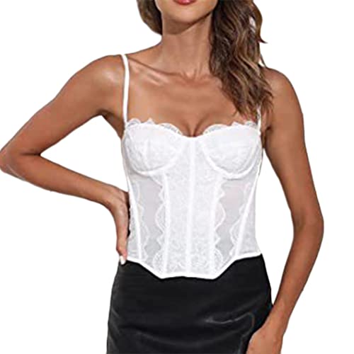 Onsoyours Damen Sexy Mesh Corset Crop Tops Bustier Spaghetti Lace Up Ärmellos Backless Cami Top Y2K Frauen Korsett Top Party Streetwear Clubwear C Weiß L von Onsoyours