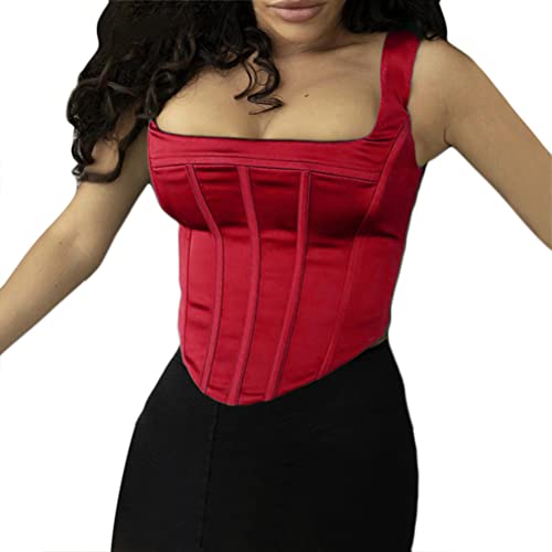 Onsoyours Damen Sexy Mesh Corset Crop Tops Bustier Spaghetti Lace Up Ärmellos Backless Cami Top Y2K Frauen Korsett Top Party Streetwear Clubwear G Rot L von Onsoyours