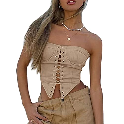 Onsoyours Damen Sexy Mesh Corset Crop Tops Bustier Spaghetti Lace Up Ärmellos Backless Cami Top Y2K Frauen Korsett Top Party Streetwear Clubwear H Khaki M von Onsoyours