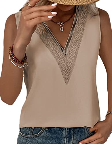 Onsoyours Damen Sexy Spitzen Tank Top Sommer Ärmellose Blusentop V-Ausschnitt Elegant Weste Top Casual Basic Shirt Tops Bluse A Aprikose S von Onsoyours