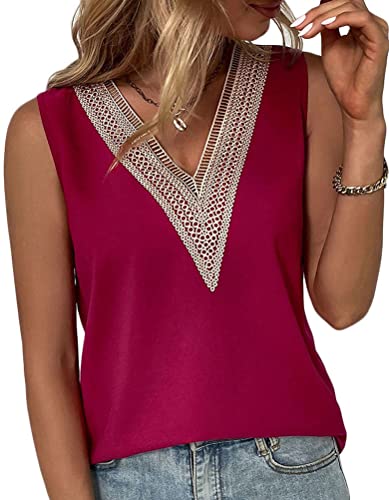 Onsoyours Damen Sexy Spitzen Tank Top Sommer Ärmellose Blusentop V-Ausschnitt Elegant Weste Top Casual Basic Shirt Tops Bluse A Weinrot XL von Onsoyours