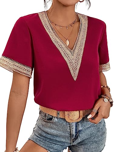 Onsoyours Damen Sexy Spitzen Tank Top Sommer Ärmellose Blusentop V-Ausschnitt Elegant Weste Top Casual Basic Shirt Tops Bluse C Weinrot XL von Onsoyours