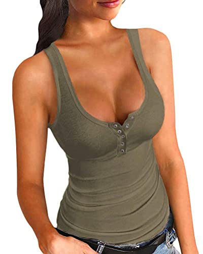 Onsoyours Damen Sexy Strick Tank Top mit Knopf Sommer Elegant Ribbed Tops Ärmellose V-Ausschnitt Shirt Basic Einfarbig Strickoberteil A Armeegrün XS von Onsoyours