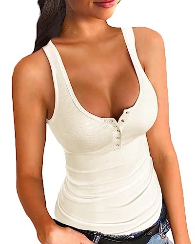 Onsoyours Damen Sexy Strick Tank Top mit Knopf Sommer Elegant Ribbed Tops Ärmellose V-Ausschnitt Shirt Basic Einfarbig Strickoberteil A Beige L von Onsoyours