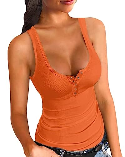 Onsoyours Damen Sexy Strick Tank Top mit Knopf Sommer Elegant Ribbed Tops Ärmellose V-Ausschnitt Shirt Basic Einfarbig Strickoberteil A Orange L von Onsoyours