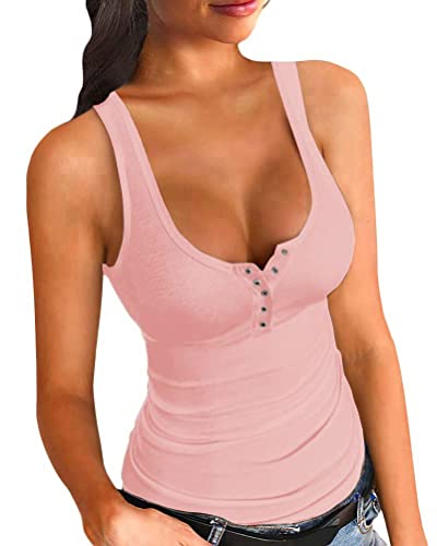 Onsoyours Damen Sexy Strick Tank Top mit Knopf Sommer Elegant Ribbed Tops Ärmellose V-Ausschnitt Shirt Basic Einfarbig Strickoberteil A Rosa L von Onsoyours