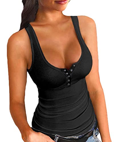 Onsoyours Damen Sexy Strick Tank Top mit Knopf Sommer Elegant Ribbed Tops Ärmellose V-Ausschnitt Shirt Basic Einfarbig Strickoberteil A Schwarz L von Onsoyours