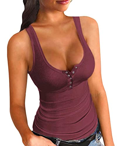 Onsoyours Damen Sexy Strick Tank Top mit Knopf Sommer Elegant Ribbed Tops Ärmellose V-Ausschnitt Shirt Basic Einfarbig Strickoberteil A Weinrot XL von Onsoyours