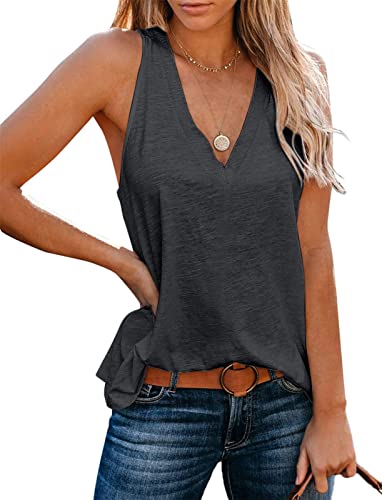 Onsoyours Damen Sexy Tank Top Sommer Einfarbig Ärmellose T Shirt V-Ausschnitt Weste Bluse Basic Oberteile Tunika Casual Lose Shirt Tops A Dunkelgrau L von Onsoyours