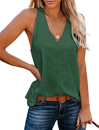 Onsoyours Damen Sexy Tank Top Sommer Einfarbig Ärmellose T Shirt V-Ausschnitt Weste Bluse Basic Oberteile Tunika Casual Lose Shirt Tops A Grün XXL von Onsoyours