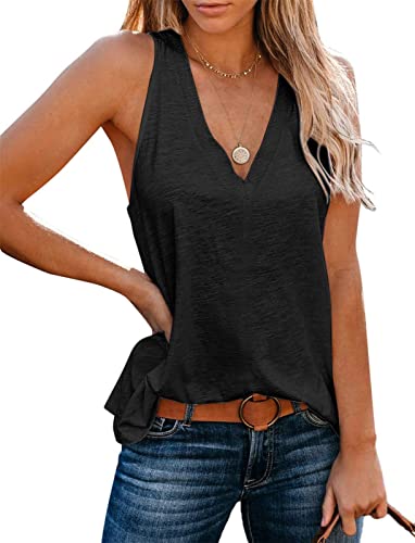 Onsoyours Damen Sexy Tank Top Sommer Einfarbig Ärmellose T Shirt V-Ausschnitt Weste Bluse Basic Oberteile Tunika Casual Lose Shirt Tops A Schwarz XL von Onsoyours