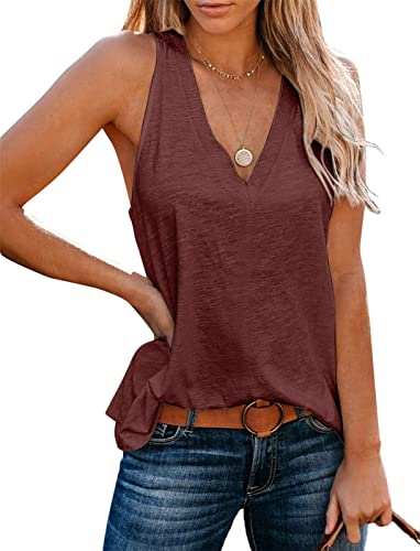 Onsoyours Damen Sexy Tank Top Sommer Einfarbig Ärmellose T Shirt V-Ausschnitt Weste Bluse Basic Oberteile Tunika Casual Lose Shirt Tops A Weinrot XXL von Onsoyours