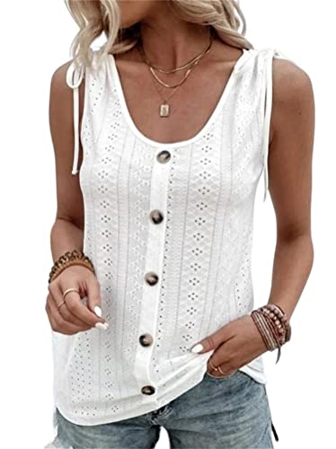 Onsoyours Damen Sexy Tank Top mit Knopf Sommer Locker Elegant Tops Ärmellose U-Ausschnitt Shirt Einfarbig Casual Ösen Oberteile Bluse A Weiß M von Onsoyours